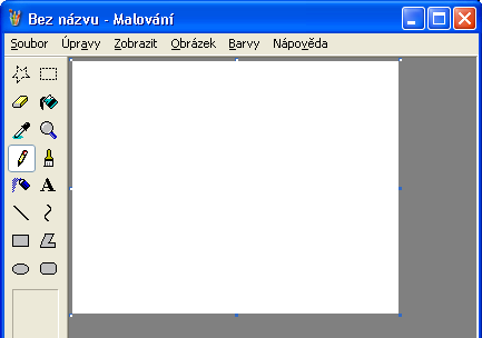 PANEL NÁSTROJŮ a význam jeho tlačítek Výběr nepravidelné oblasti Guma (i barevná guma) Kapátko nabírá barvu Tužka ostré čáry volného tvaru Sprej stříká část mlhy Úsečka Obdélník Elipsa Výběr