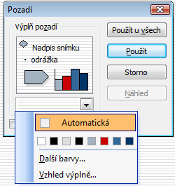 pozadí snímku Pozadí snímku může obsahovat barvu, barevný přechod, texturu nebo obrázek. Tyto jsou u šablon již nadefinované, ale samozřejmě i pozadí můžeme změnit dle vlastního uvážení a potřeby.