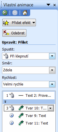 vlastní animace Jednotlivým prvkům v prezentaci můžeme rovněž přiřadit animaci dle vlastního uvážení a to díky nástroji Vlastní prezentace které je dostupné přes podokno úloh.