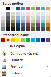 Výplň: Je znázorněna plechovkou a pod ní barevný pruh (.). Podle jeho barvy poznáme, jaká barva je vybrána. V našem případě je to červená. Pokud chceme jinou, klikneme na šipku a vybereme si jinou (.