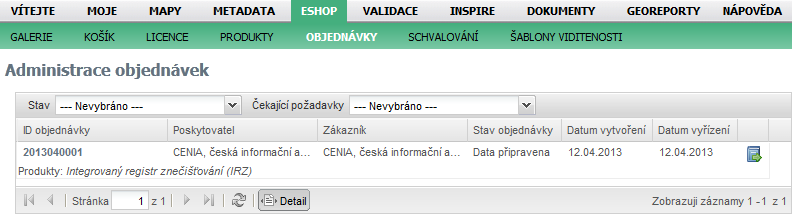 8.5. Objednávky Pro registrované uživatele v roli poskytovatel dat nabízí geoportál správu objednávek vlastních produktů v sekci "ESHOP > OBJEDNÁVKY".