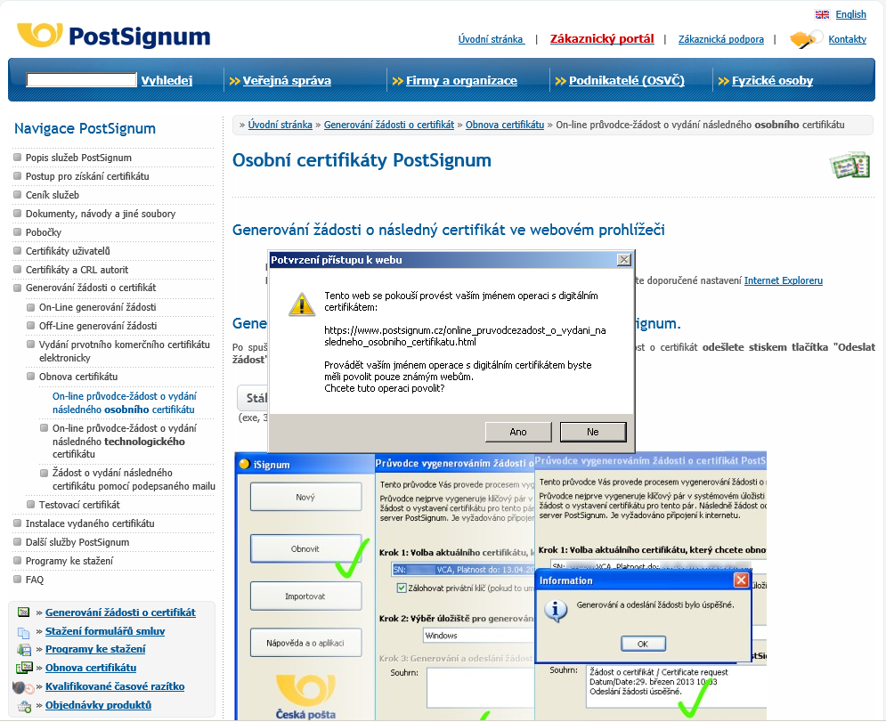 Krok 4 - Odsouhlasení práce s certifikátem Po kliknutí na odkaz se prohlížeč dotáže, zda souhlasíte, aby byly provedeny operace s Vašimi certifikáty. Potvrďte souhlas stiskem tlačítka Ano (Yes).