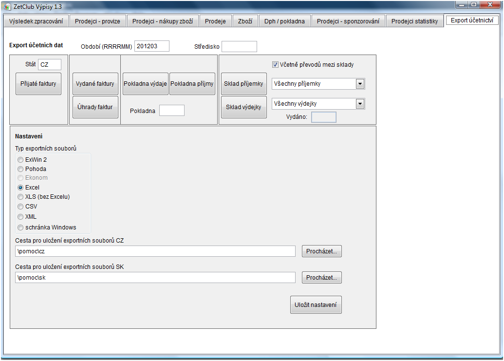Export účetnictví Provádí export účetních údajů za zadané období. Lze zadat typ exportních souborů: - ExWin2- soubory.dbf pro export do účetního systému Znovu ExWin2 - Pohoda soubory.