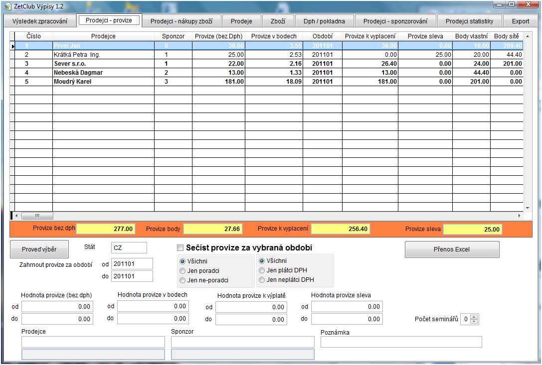 Prodejci - provize Třídění se provádí klepnutím na záhlaví sloupce. Tlačítka Provede výběr podle zadaných podmínek.