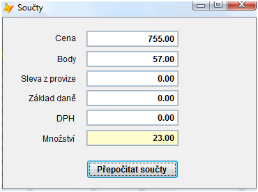 Součet zobrazí další okno, které obsahuje součty za vybrané doklady.