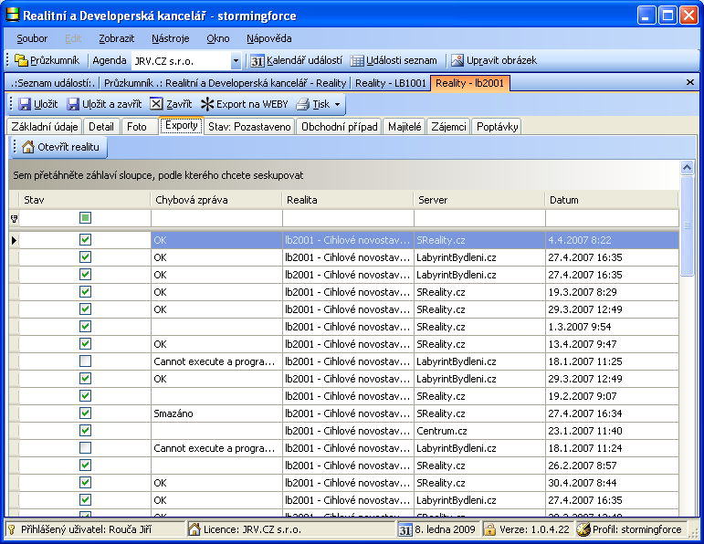 EXPORTY Seznam všech exportů na Realitní webové servery se stavem exportu.