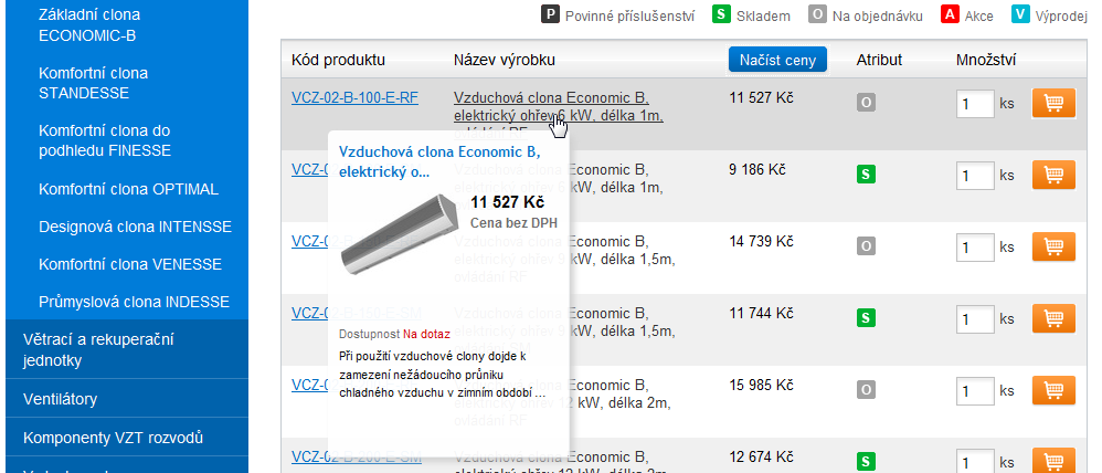 základní informace o produktu po najetí myší na kód produktu nebo jeho název se rozbalí základní informace, nabídková