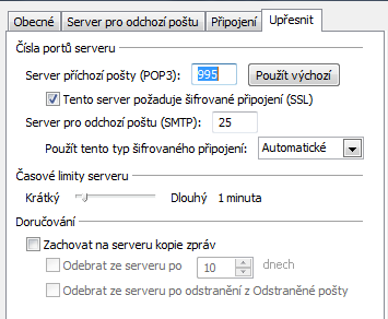 A dále na záložce UPŘESNIT nastavte používání šifrované cesty SSL: Dejte nastavení uložit. Vraťte se opět na kartu OBECNÉ a vyzkoušejte tentokráte i šifrovanou komunikaci.