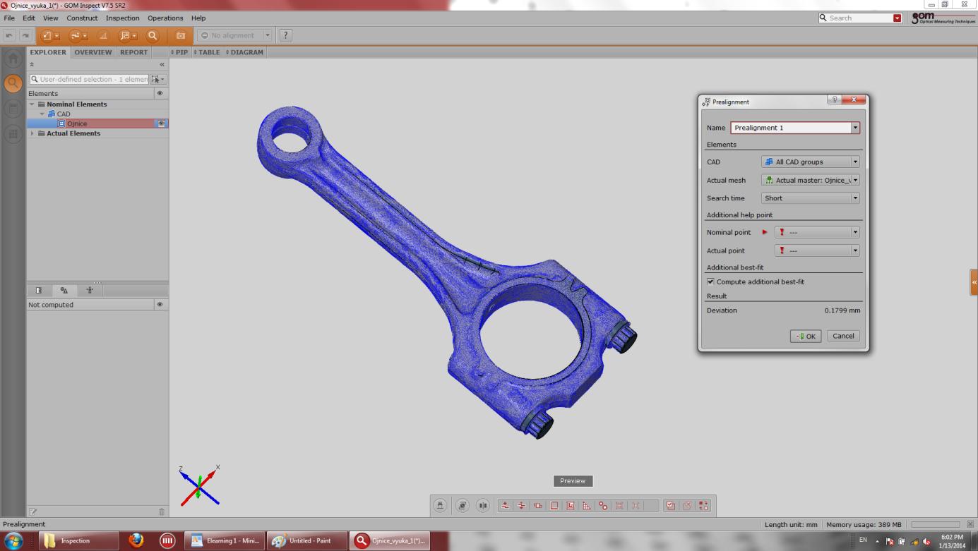 Obr. 6 Předběžné ustavení naskenovaného a CAD modelu Kontrola průměru spodního a horního oka ojnice Pro kontrolu průměru spodního oka vytvoříme na na skenované síti v místě spodního oka válcovou