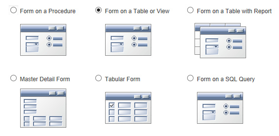 tlačítko Create Page. 2. Vyberte volbu Form a pokračujte dále. 3. V následující stránce zvolte Form on a Table or View. 4. Ujistěte se, že je vybrané vaše DB schéma a klikněte na Next. 5.