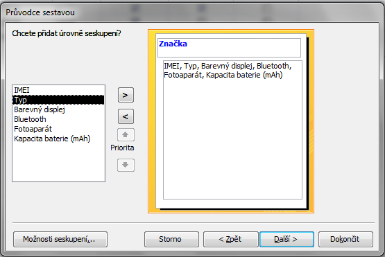 Vytvoření sestavy pomocí průvodce 2 záznamy lze seskupit podle určitého stributu (zde např.