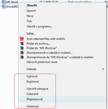 Stejně tak pokud se kurzorem nacházíme na souboru nebo složce a stiskneme pravé tlačítko myši, tak nám systém nabídne základní úkony které můžeme se souborem/složkou provést.