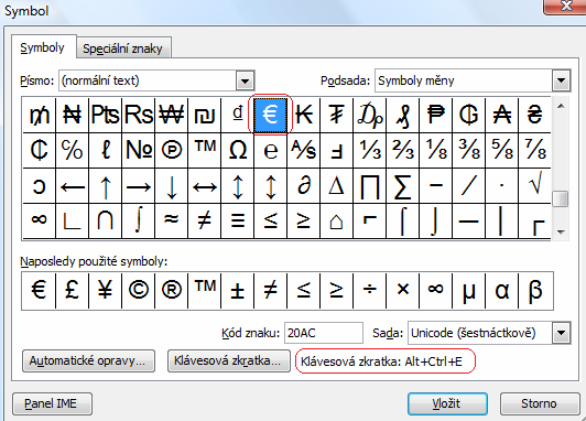 klávesovou zkratku znaku), z toho důvodu existuje nástroj vložení symbolu, který vyvoláme přes menu Vložit Symbol Toto vyvolá databázi všech znaků, které lze do textu