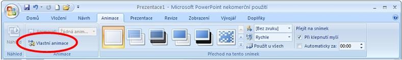 Přechod snímků Pro přechod (příchod) jednotlivých snímků si můžeme v kartě Animace nastavit zajímavé efekty (s citem, aby se naše prezentace neproměnila v pouťovou atrakci, kde se to efekty bude