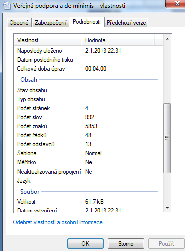 V záložce podrobnosti nalezneme informace o počtu stran v dokumentu, počtu odstavců, řádků, slov, znaků, atd.