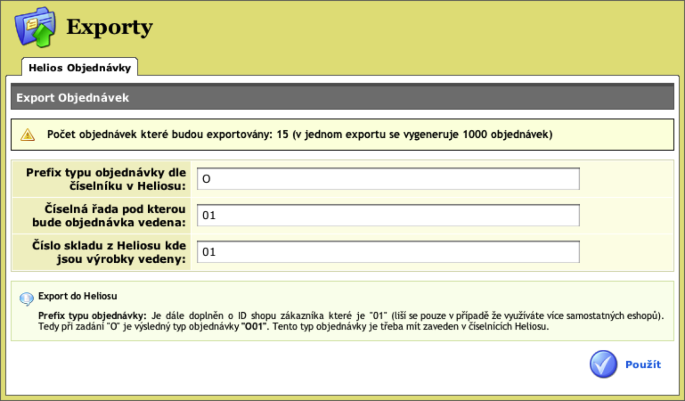 69 / 71 Manuál 11.1.4 Práce s prodejními objednávkami 11.1.4.1 Export z e-shopu V internetovém obchodě je možnost exportovat objednávky vytvořené přes internet do aplikace Helios.