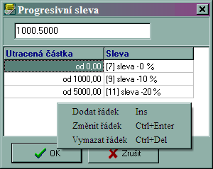 1.5 Progresivní slevy V systému existuje moţnost vytvoření progresivních slev, t. z. takových slev, kde procento zaleţí na sumární částce, utracené hostem během všech jeho návštěv restaurace.