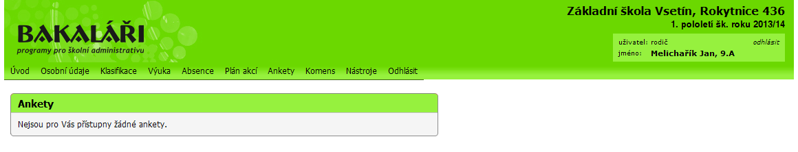 4.4.4 Přehled výuky Zatím neaktivní. 4.5. Karta Absence Zatím neaktivní. 4.6. Karta Plán akcí Zde se zobrazuje podrobný plán akcí školy. Vpravo nahoře možno nastavit zobrazované období.