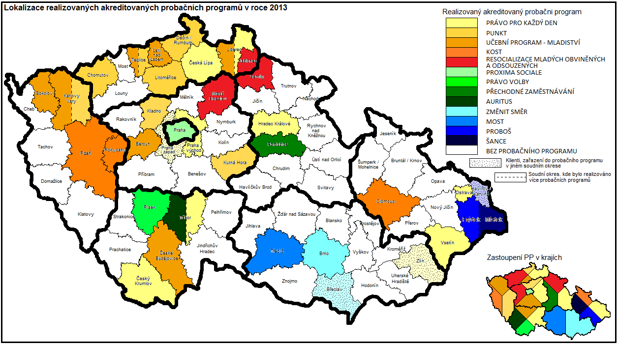 3. Územní pokrytí ČR probačními programy V roce 2013 bylo v ČR realizováno 13 akreditovaných probačních programů v 31 soudních okresech.