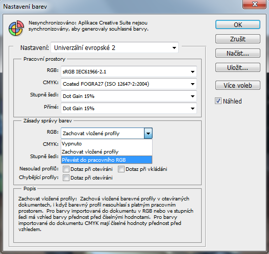 prostoru, budou převedeny právě do zvoleného pracovního prostoru a tím připraveny na reprodukci na tiskárně. Obrázek č. 31: Grafické rozhraní Nastavení barev v programu Adobe Photoshop CS5 5.1.2.