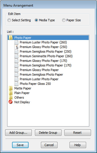 Tipy pro použití ovladače tiskárny (Windows) A Přejděte na kartu Utility (Nástroj) a klepněte na možnost Menu Arrangement (Uspořádání nabídky).