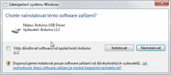 5. Potvrdíme výběr stisknutím OK. Nevybírejte FTDI USB Drivers. Stiskněte další a spustí se instalace ovladačů Arduina. 6. Potvrďte instalaci a tím se ovladače Arduina nainstalují.