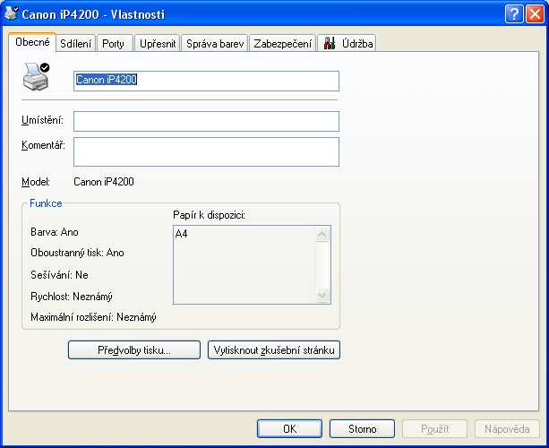 Nastavení tisku: Při vyvolání vlastností tiskárny je zobrazeno několik různých karet pro konfiguraci. Ty se liší podle verze ovladače a typu tiskárny.
