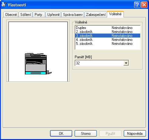 Provádění nastavení ovladače tiskárny. Záložka Volitelné % Zadejte, jestli je instalované příslušenství, aby mohl tiskový ovladač používat příslušenství instalované na stroji.