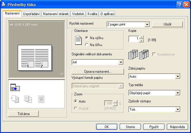 Provádění nastavení ovladače tiskárny Rychlé nastavení Aktuálně zadaná nastavení lze registrovat jako program, který lze později vyvolat, když je budete chtít znovu použít.