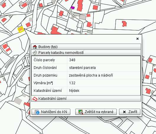 Informace o prvcích v místě kurzoru - tlačítkem je možno dostat informace o prvcích v místě kurzoru, tzv. průřez zobrazenými vrstvami Zobrazení Katastrální mapa 1.