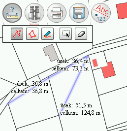 Měření vzdáleností a ploch Kliknutím na tlačítko se objeví panel nástrojů Měření délky linie (více) Měření obsahu polygonu (více) Upravit objekty (více) Vybrat objekty (více) Smazat všechny nebo