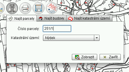 Vyhledávání objektů v mapě V každé vybrané mapě můžeme vyhledávat parcely podle čísla, budovu podle čísla, katastrální území ( v případě, že je jich více).