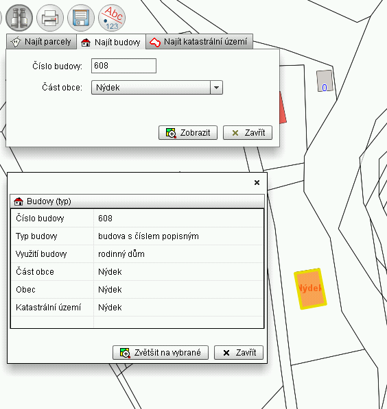 Hledání podle čísla budovy a) zadáme číslo konkrétní budovy 1. Zvolíme nástroj 2. Objeví se okno s možnostmi vyhledávání, vybereme záložku Najít budovy 3.