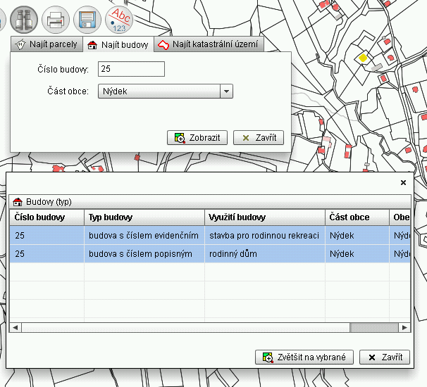 b) zadáme číslo budovy, které není jedinečné 1. Zvolíme nástroj 2. Objeví se okno s možnostmi vyhledávání, vybereme záložku Najít budovy 3.