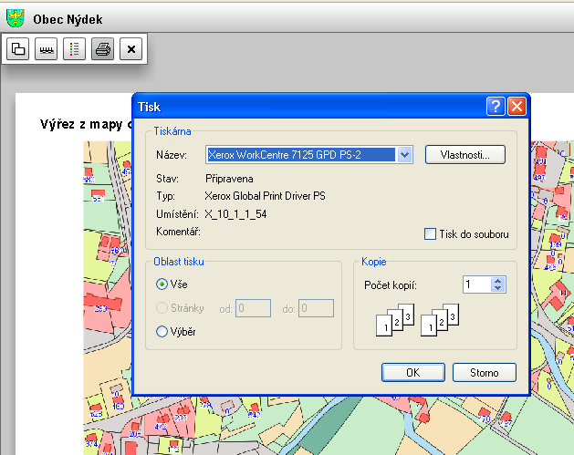 Tisk mapy 1. Zvolíme ikonu 2. Otevře se okno náhled pro tisk, kde si pomocí nástrojů tisku (více), můžeme zvolit možnosti zobrazení (více). Velikost mapy závisí na velikosti mapového okna na monitoru.