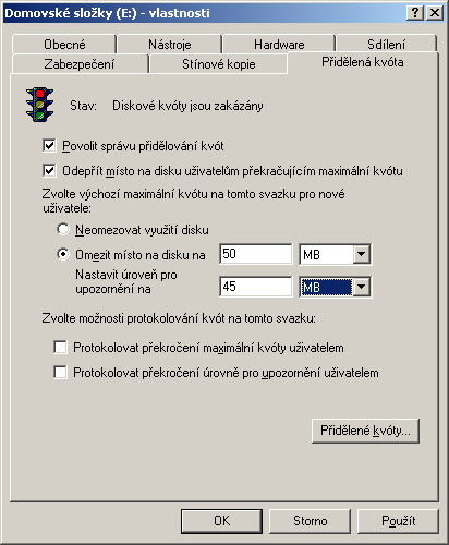 Příprava prostoru na disku pro Osobní složky uživatelů a jejich Profily B) Nastavení DISKOVÝCH KVÓT vymezení velikosti V Tento počítač otevřeme pravým tlačítkem myši Vlastnosti disku, který jsme