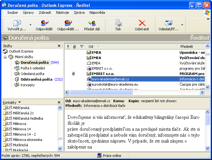 Příjem a odesílání pošty Když spustíte Outlook Express, zobrazí se okno rozdělené na tři části. V levé horní části lze zvolit složku, jejíž obsah má být zobrazen.