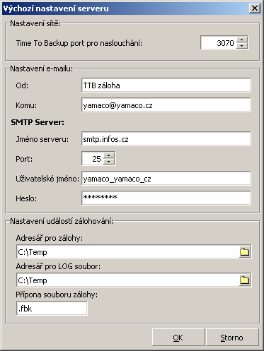 V sekci Nastavení e-mailu lze zadat parametry, které umžní deslání e-mailvé ntifikace v případě výskytu chyby při prvádění zálhvání.