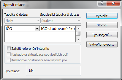 Definování relace po přetažení atributu na atribut související v druhé tabulce je třeba nastavit vlastnosti relace související atributy referenční integrita hlídá pořádek v