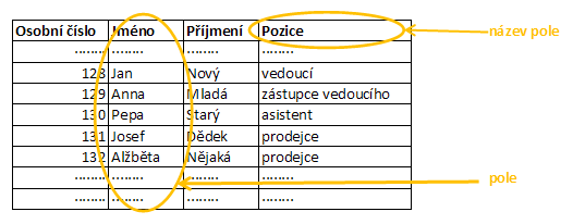 sloupec tabulky = pole = atribut definuje povahu uložených