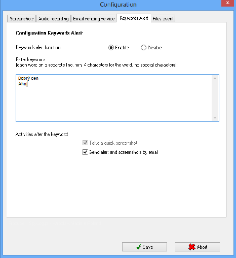 3.1.3 Keywords Alert (upozornění na klíčová slova) Pomocí této funkce si můžete nastavit upozornění na použití klíčových slov (např. v mailech, při použití internetu, Skype, apod.