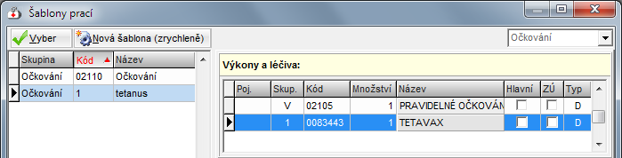 Vidíme, že původní přiřazená šablona nabízí k vykázání kód 02110. Toto již neplatí, a proto si zde musíme založit novou šablonu práce, které následně nastavíme výkon a léčivo.