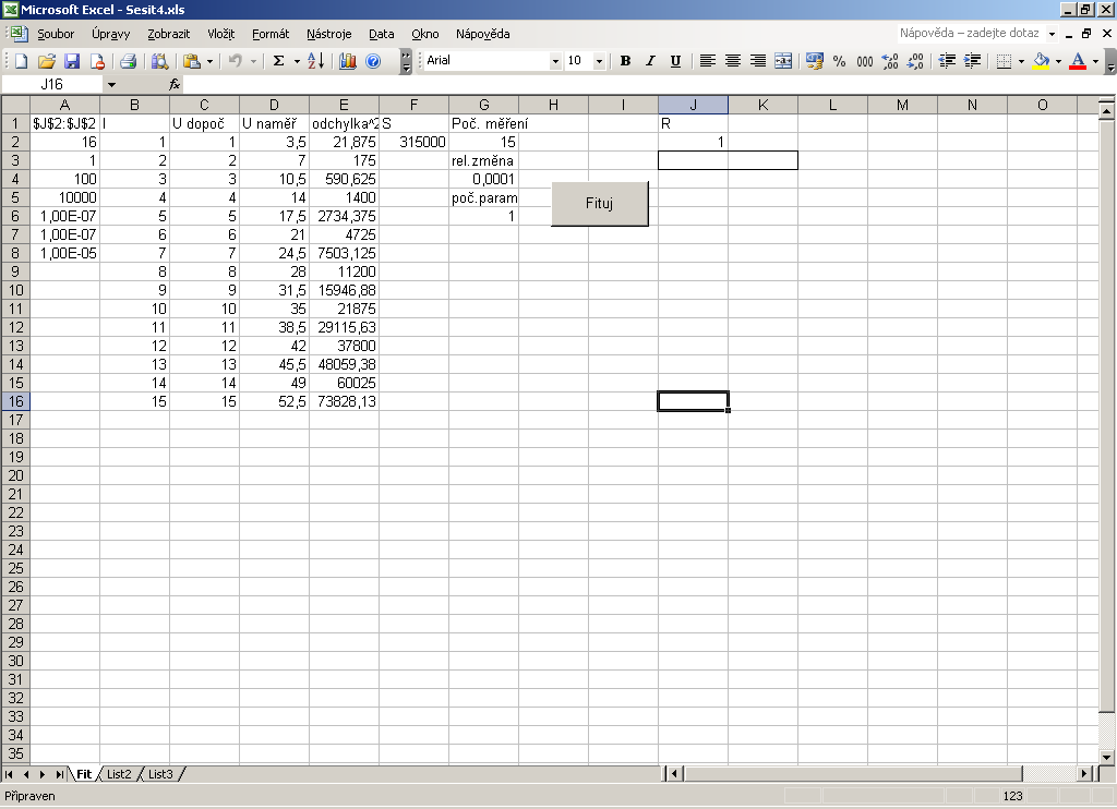 7. Nalezení regresních parametrů Stisknutím tlačítka Fituj! proběhne vygenerování Excelovského souboru, který je určen jen pro čtení, a naplnění vstupními daty a nastavením.