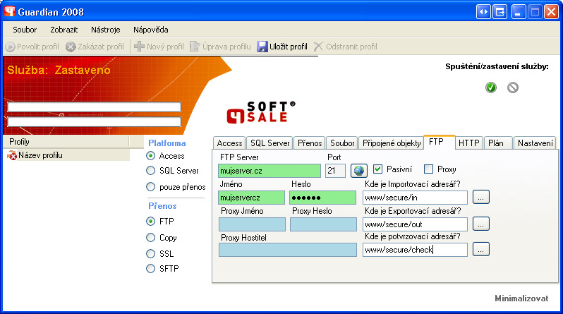 6) FTP Nastavíme adresu našeho serveru (např.: "mujserver.cz"), port (stabilně bývá "21"), zaškrtneme volbu pasivní (není důvod aktivně komunikovat se serverem, pokud to přímo nevyžaduje).