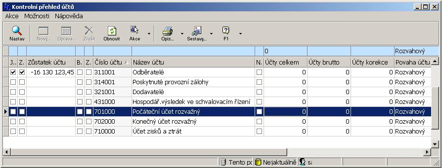 Pro kontrolu výkazů rozvaha a výkaz zisku a ztráty doporučujeme následující postup: Kontrolní přehled účtů V Definici výkazů existuje speciální nástroj, Kontrolní přehled účtů, který má za úkol