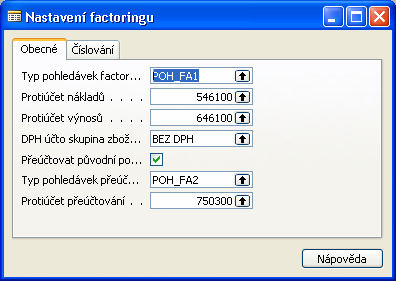 Na formuláři Nastavení factoringu (4005045 Factoring Setup) je potřeba provést následující nastavení: Typ pohledávek factoringu: typ pohledávek, který je použit při účtování factoringové pohledávky