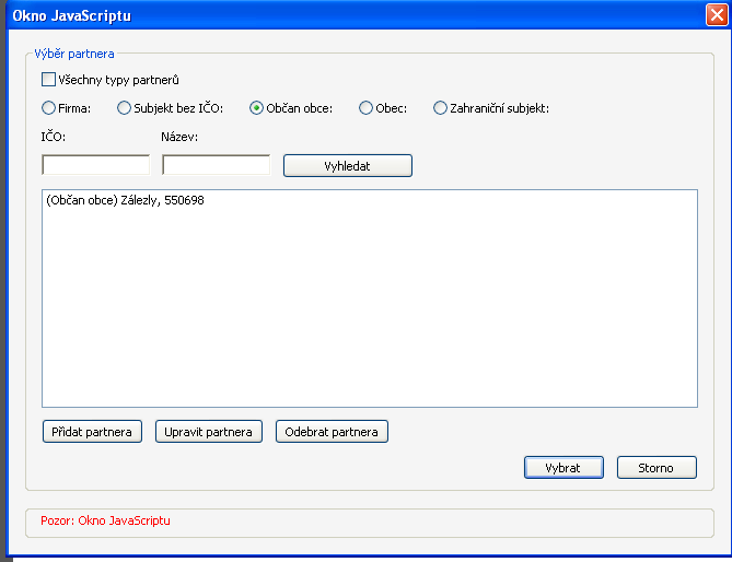 4.3.2.1 Výběr jiného partnera V případě, že chcete vybrat jiného partnera, označte ho kliknutím myší a stiskněte tlačítko Vybrat : Pozn.