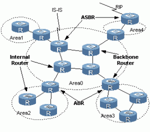 Hraniční směrovač AS ASBR (AS Border Router) OSPF doména Zprávy OSPF LSA (Link State Announcements Packets) LSA pakety obsahují informace o spojích připojených k vysílajícímu směrovači LSA pakety