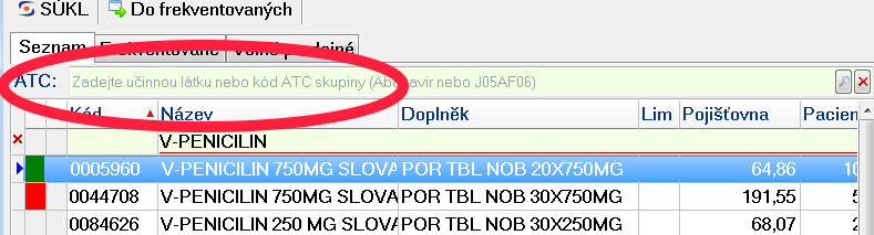 Pokud se lék nezobrazí v číselníku VZP, lze jej vybrat z Číselníku SUKLu, který je obsáhlejší, nicméně, úhrada se automaticky nastaví na pacienta a vybraný lék se přesune do magistralitter.