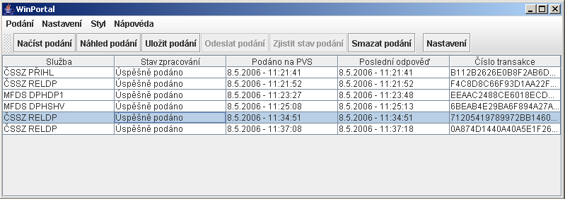 KAPITOLA 8. IMPLEMENTACE PROGRAMU PRO KOMUNIKACI S PVS 88 8.5 Obsluha aplikace Po spuštění aplikace uvidíme pracovní plochu, kam budou přidávána jednotlivá podání.